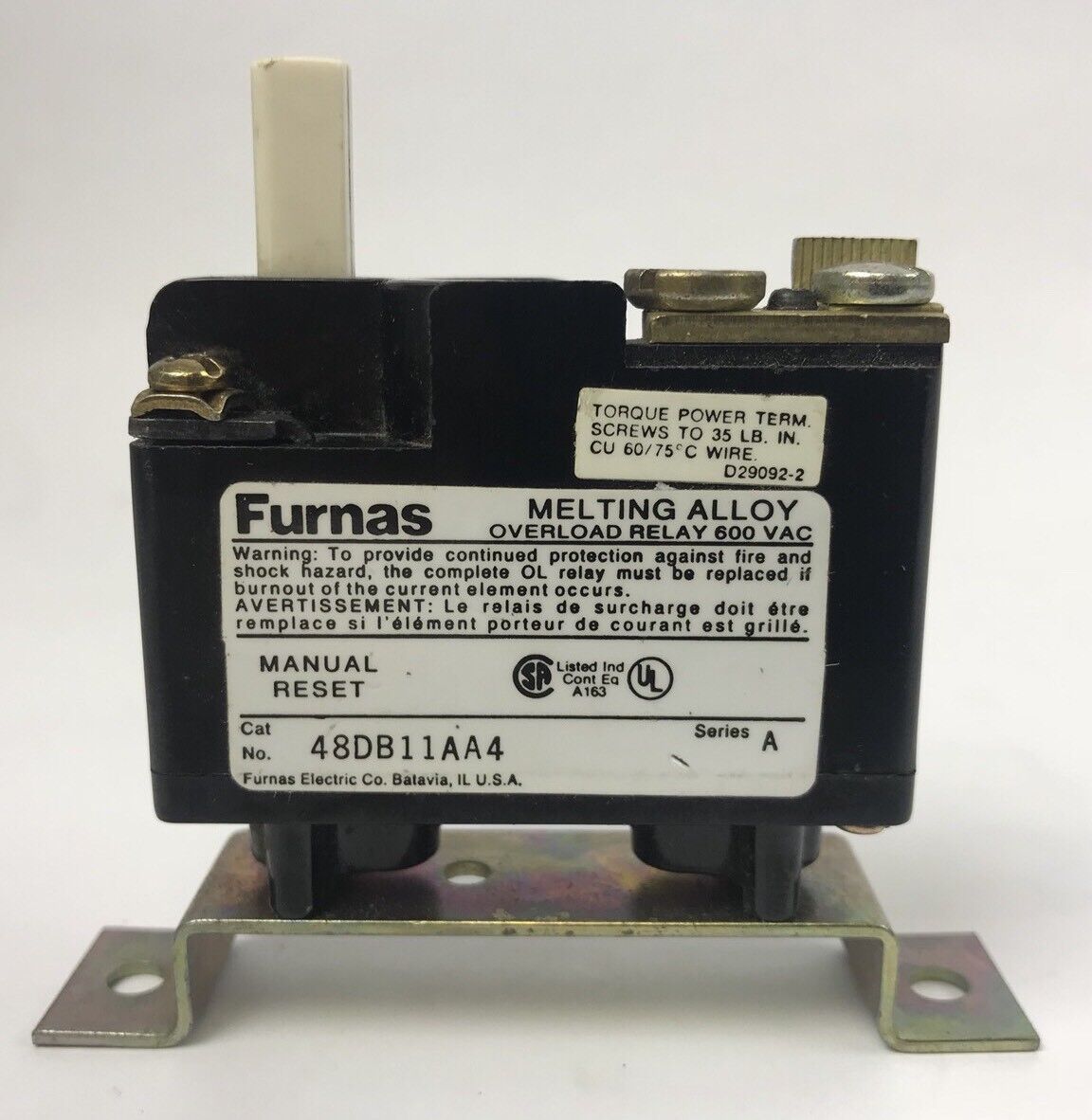 FURNAS OVERLOAD RELAY 48DB11AA4 600V MANUAL RESET