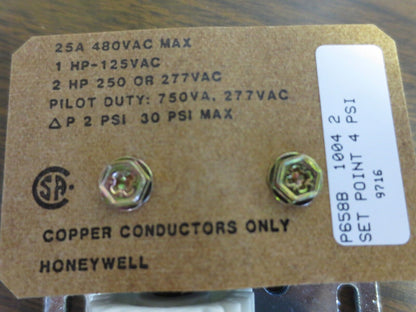 HONEYWELL P658B 1004 2 P.E. RELAY; SET POINT 4 psi, SPDT - NO ENCL - NEW SURPLUS