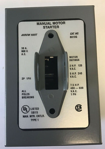 ARROW HART 6810G MANUAL MOTOR STARTER 30A 600VAC 2POLE 1PH 7.5HP