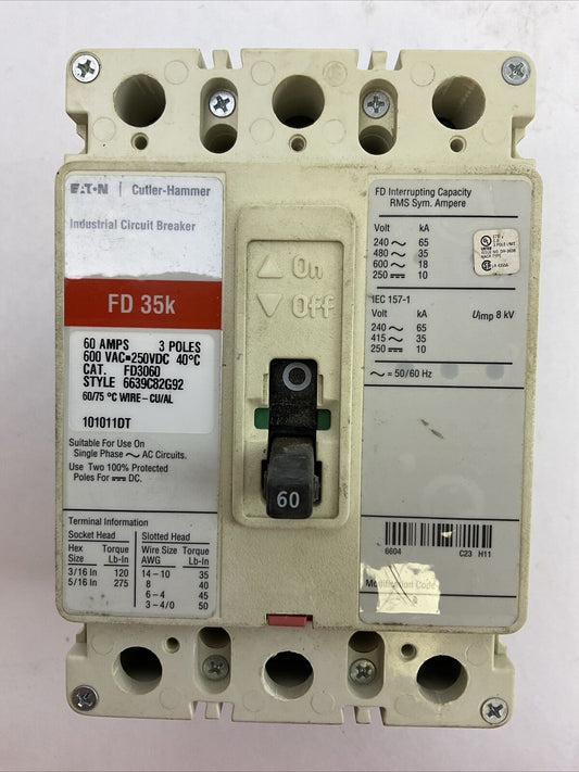 CUTLER HAMMER FD3060 600VAC 250VDC 60AMP 3POLE 6639C82G92 CIRCUIT BREAKER FD 35K