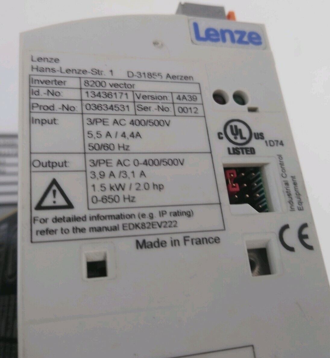 WEISS EF1503A ROTARY CONTROL SYSTEM W/ LENZE EPZ10201 APPL W/ D-31855 E82V152 4C