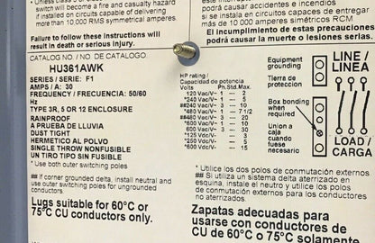 SQUARE D HU361AWK SAFETY SWITCH NON FUSIBLE 30A SER.F1 50/60HZ