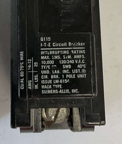 SIEMENS Q115 CIRCUIT BREAKER 120/240VAC 60HZ 15A 1POLE***LOTOF3***