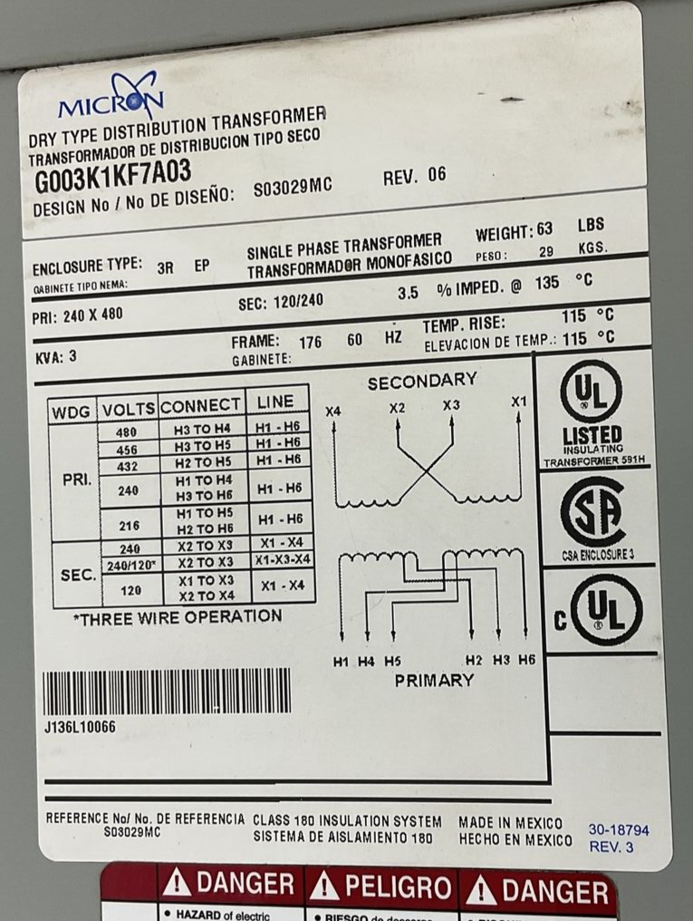 MICRON G003K1KF7A03 DRY TYPE DISTRIBUTION TRANSFORMER 3KVA 480V REV.06 1PH