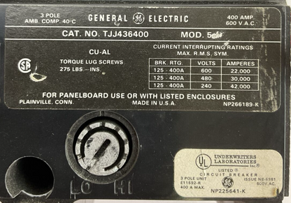 GE TJJ436400 MOD 5 CIRCUIT BREAKER 400AMP 600VAC 3POLE W/ SHUNT TRIP & AUXILIARY