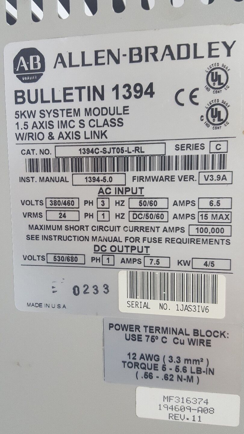 ALLEN BRADLEY 1394C-SJT05-L-RL SER C 5KW 1.5 AXIS V3.9A