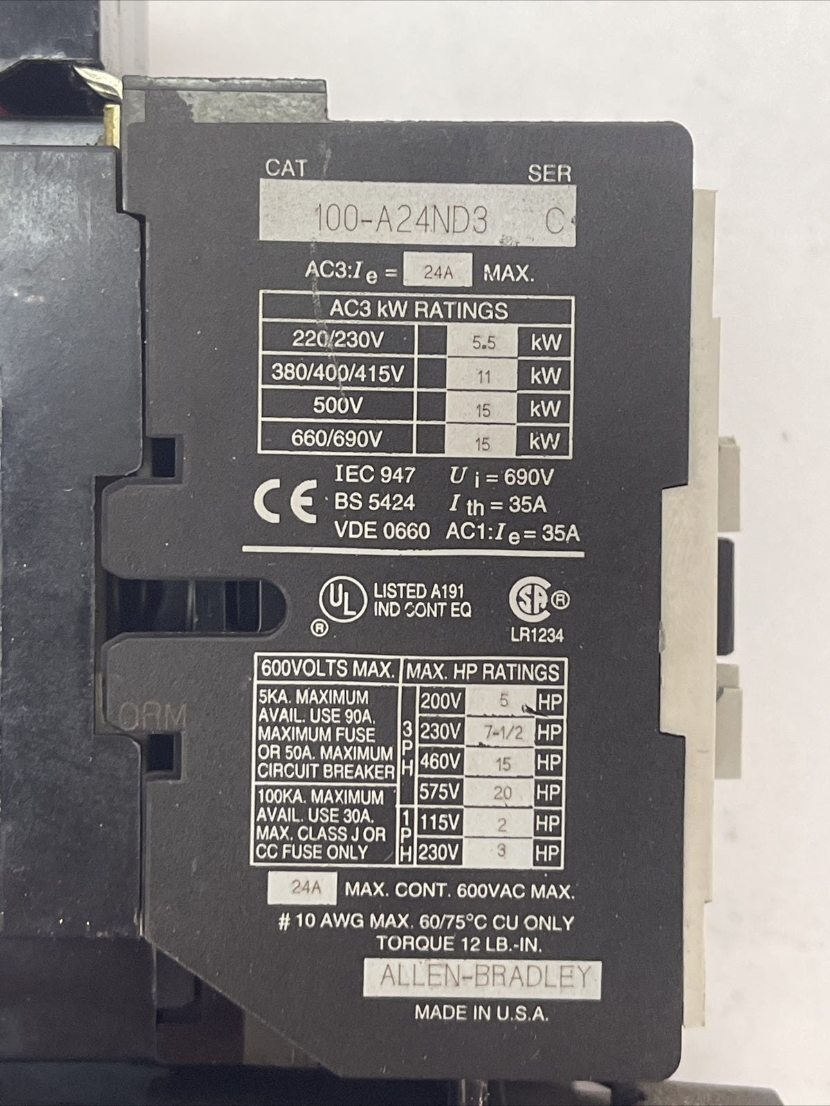 ALLEN BRADLEY STARTER 100-A24ND3 SER C CONTACTOR 600VAC 24A 20HP COIL 120V 60HZ