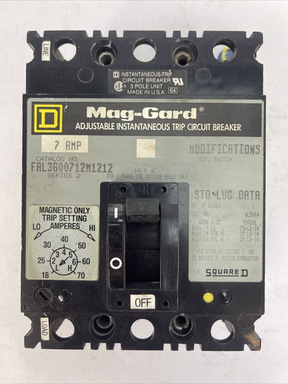 SQUARE D FAL3600712M1212 ADJ. INST. TRIP CIRCUIT BREAKER 7A 600VAC SER2 18-70AMP