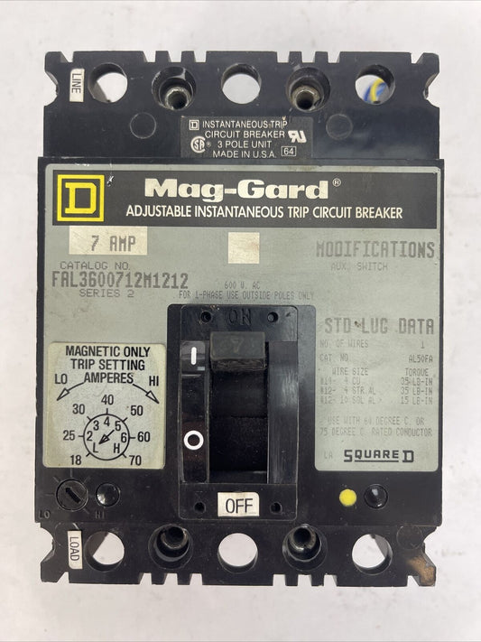 SQUARE D FAL3600712M1212 ADJ. INST. TRIP CIRCUIT BREAKER 7A 600VAC SER2 18-70AMP