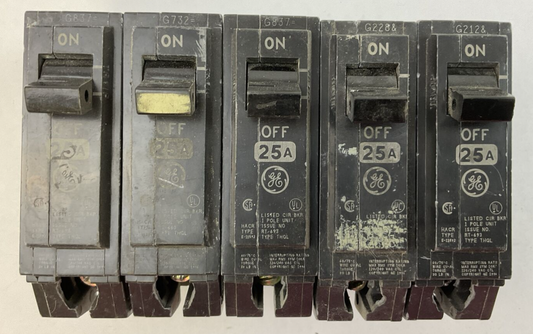 GE THQL1125 25AMP 120/240VAC 1POLE CIRCUIT BREAKER (LOT OF 5)