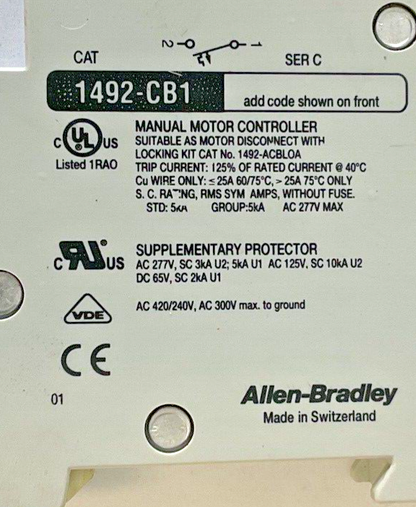 ALLEN BRADLEY 1492-CB1 G200 CIRCUIT BREAKER  2A SER.C 3HP 277VAC 1PH**LOTOF2**
