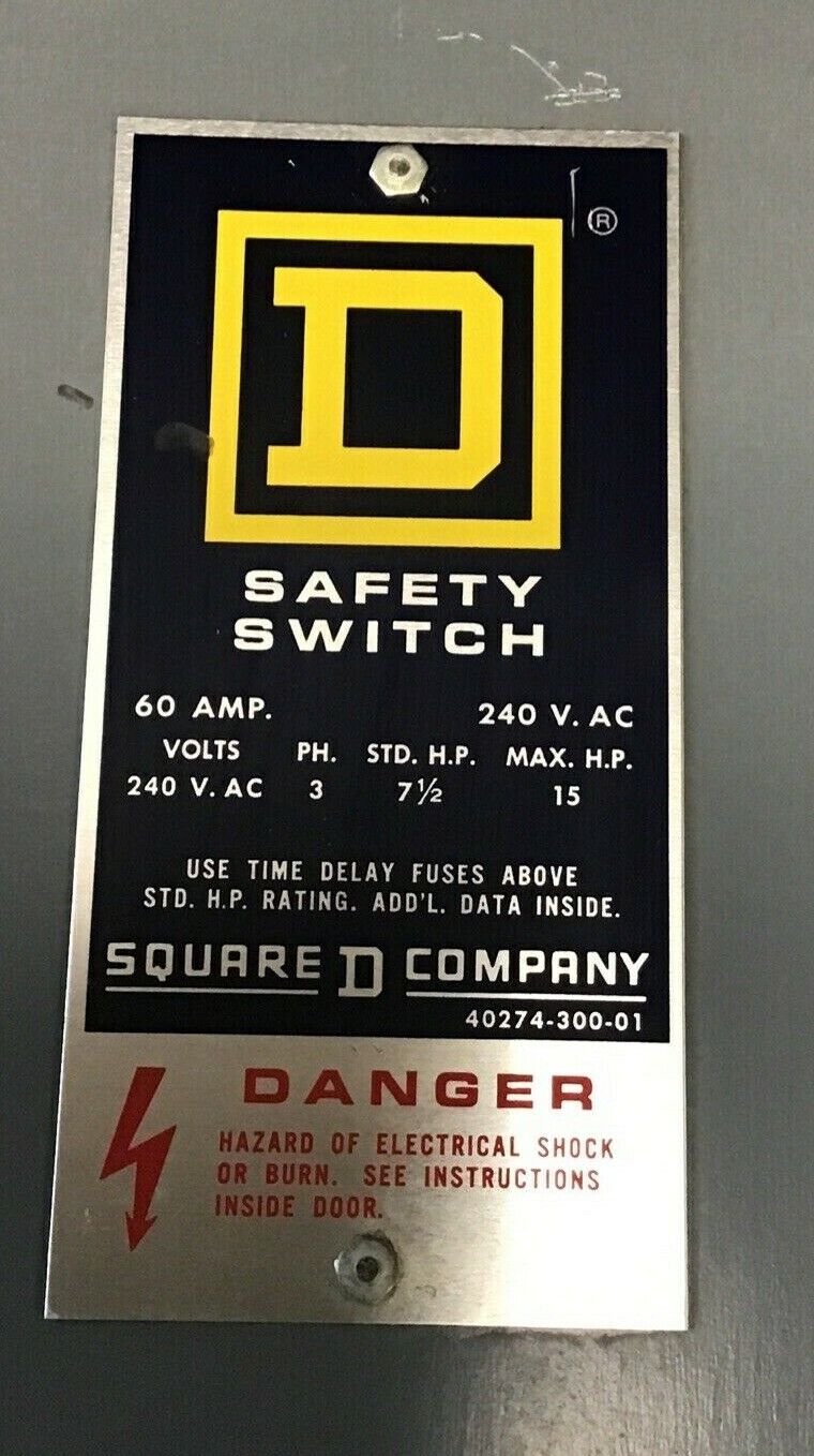 SQUARE D H322NA SAFETY SWITCH SER.D4 60A  FUSIBLE 600VAC/VDC 240VAC 15HP