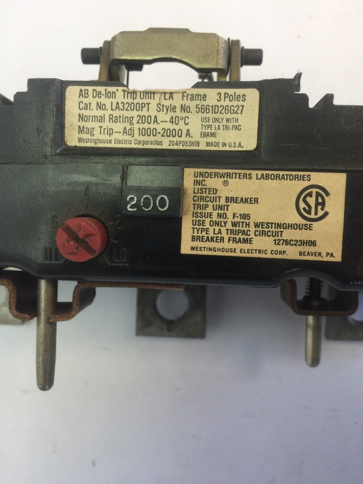 WESTINGHOUSE LA3200PT AB DE-ION TRIP UNIT 300A 3POLE MAG. TRIP.-ADJ. 1000-2000A