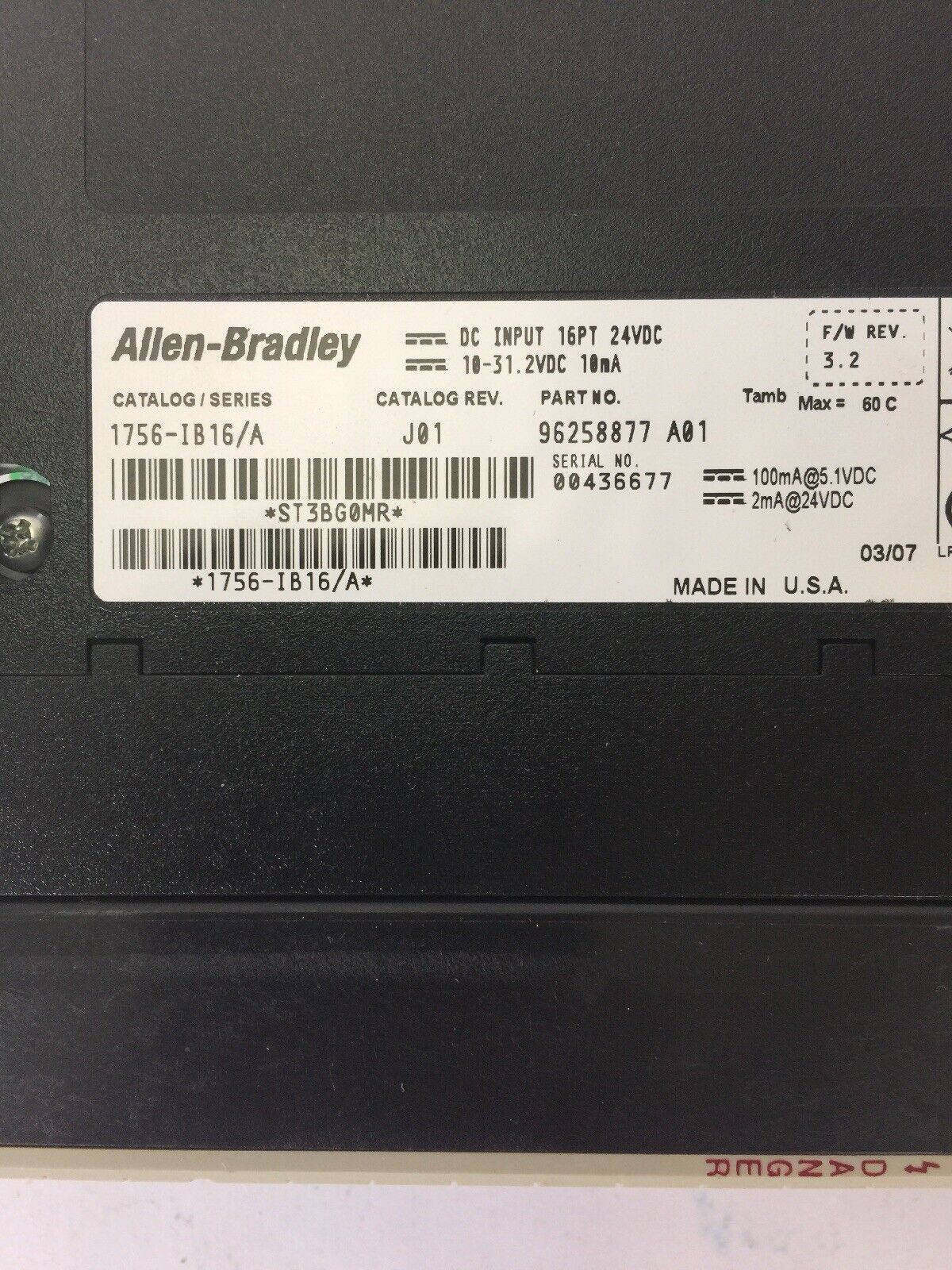 ALLEN BRADLEY 1756-IB16 DC INPUT 16PT 24VDC 10-31.2 VDC 10mA SER A F/W REV. 3.2