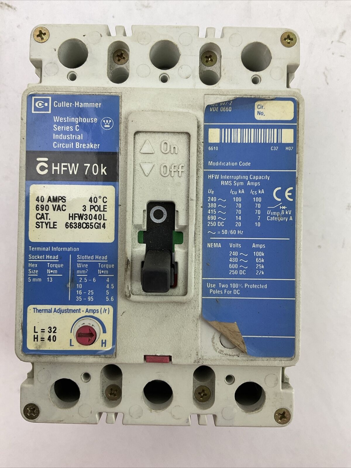 WESTINGHOUSE HFW3040L 40AMP 3POLE 690VAC 6638C65G14 SERIES C CIRCUIT BREAKER