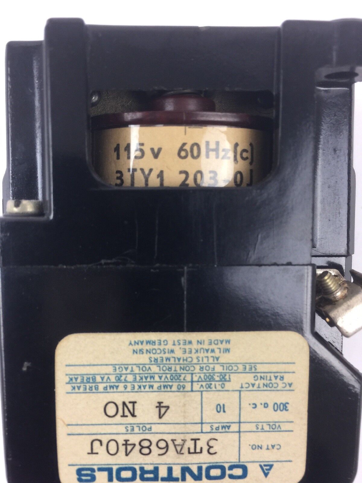 ALLIS-CHALMERS 3TA6840J CONTROL RELAY COIL 115 V 60 HZ *PLASTIC IS BROKEN OFF*