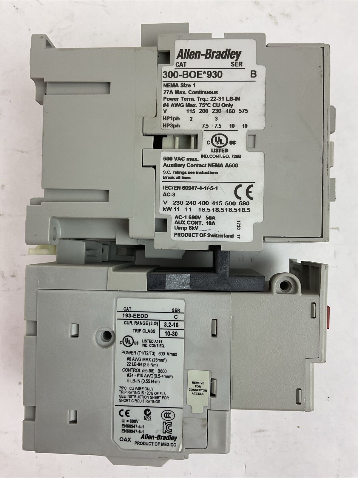ALLEN BRADLEY STARTER (300-BOE*930 SER B 600VAC 27A 10HP+193-EEDD SER C+100-S)