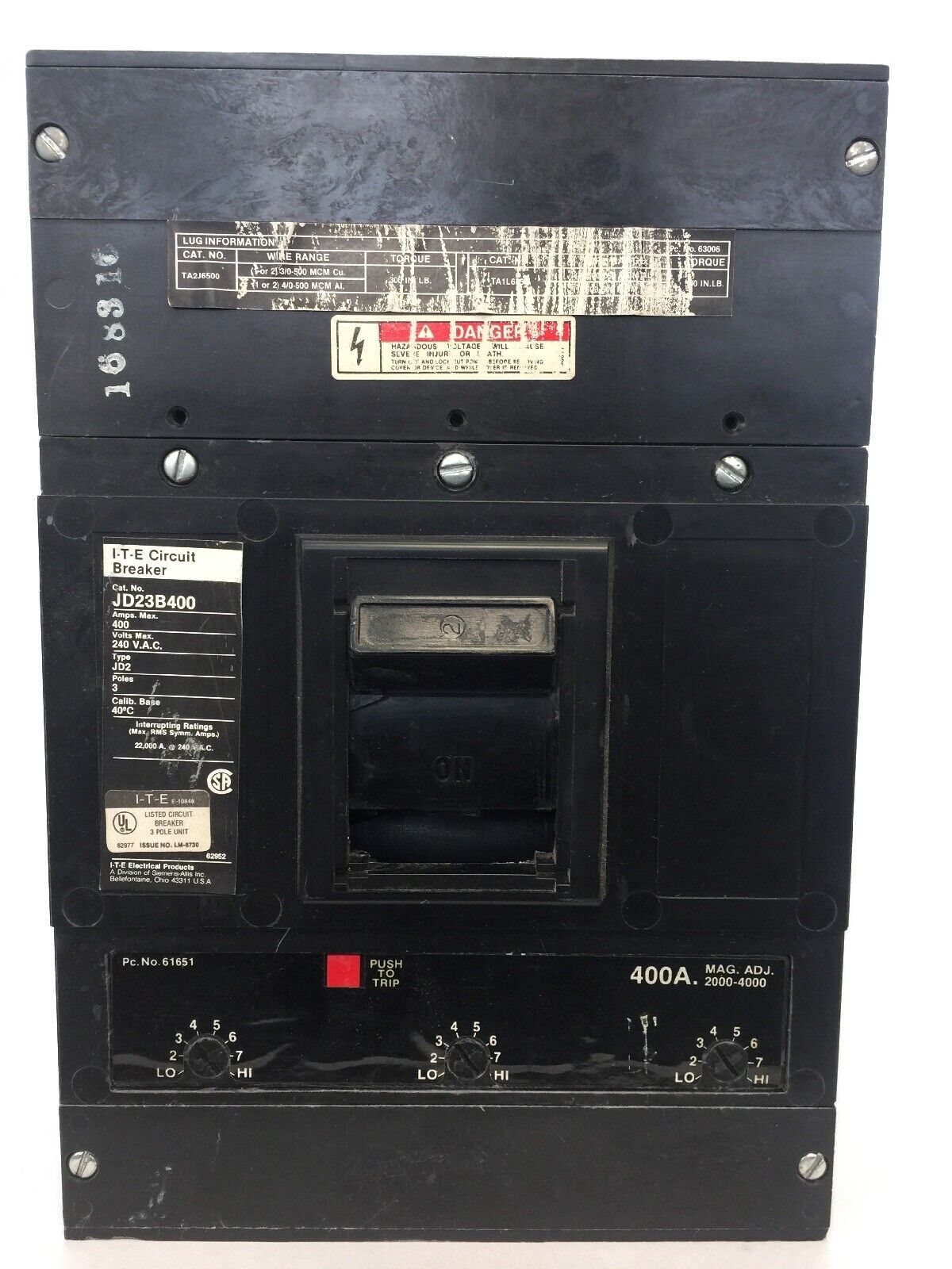 ITE JD23B400 CIRCUIT BREAKER 240 VAC 3 POLE 400 AMP TRIP MAG ADJ