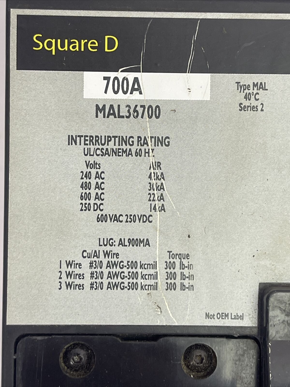 SQUARE D MAL36700 THERMAL MAGNETIC CIRCUIT BREAKER 700A 600VAC/250VDC 3POLE