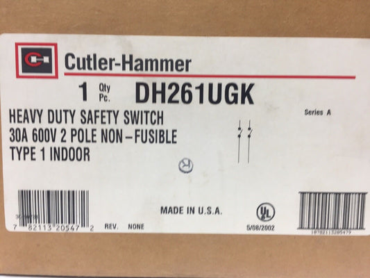 CUTLER HAMMER DH261UGK HEAVY DUTY SAFETY SWITCH 30 A 600V 2 POLE NON-FUSIBLE