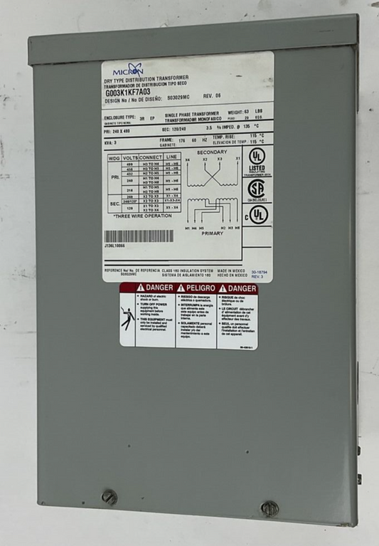 MICRON G003K1KF7A03 DRY TYPE DISTRIBUTION TRANSFORMER 3KVA 480V REV.06 1PH