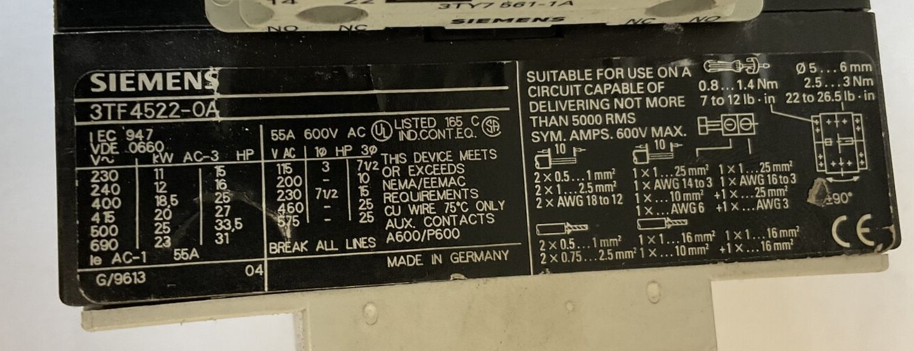 SIEMENS 3TF4522-0A CONTACTOR W/AUX 3TY7 561-1A/ 3TY7 561-1B 600V
