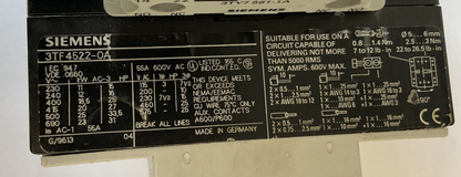 SIEMENS 3TF4522-0A CONTACTOR W/AUX 3TY7 561-1A/ 3TY7 561-1B 600V
