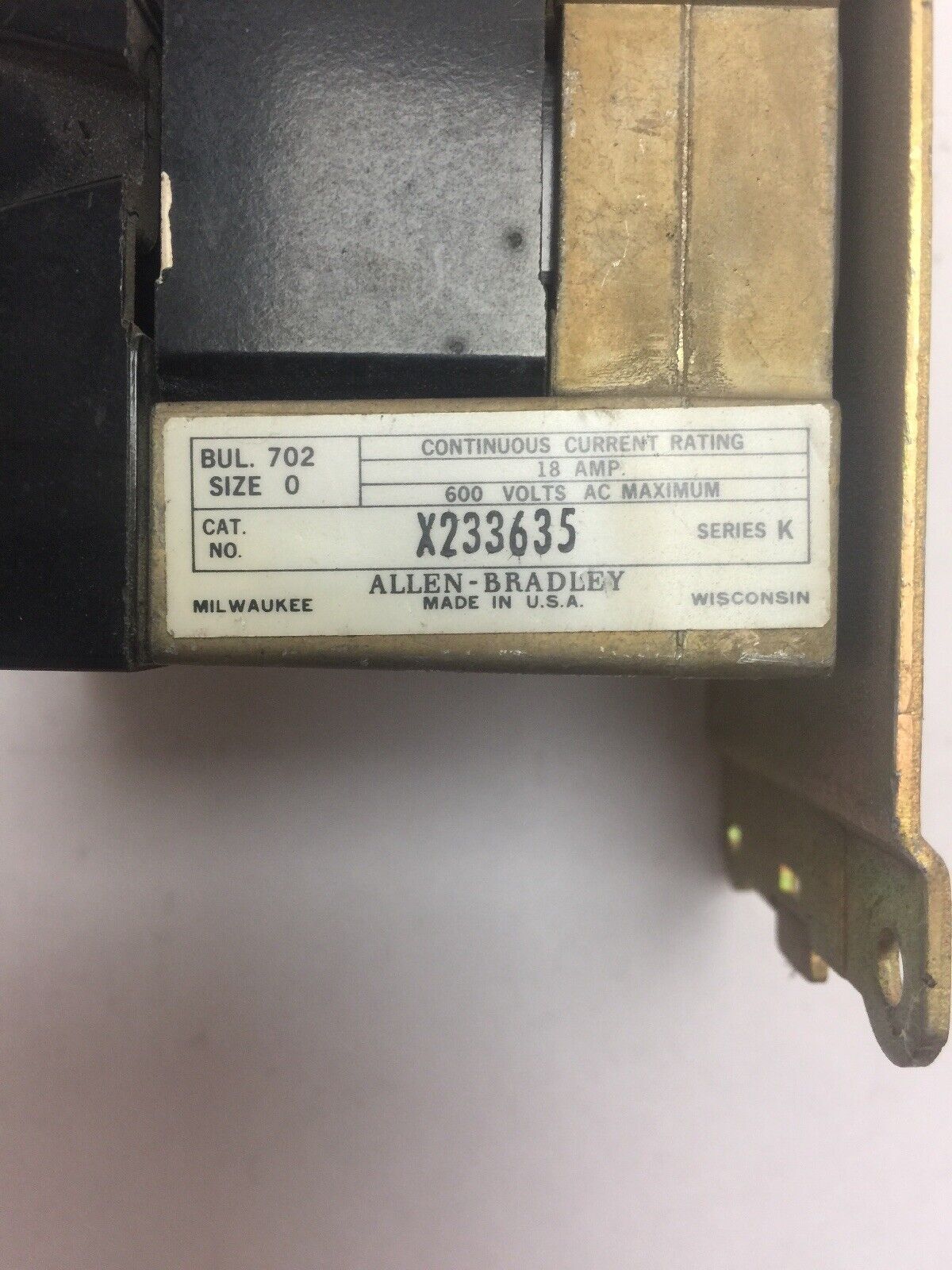 ALLEN BRADLEY X233635 CONTACTOR 600VAC 18AMP SER K SIZE 0 70A86 COIL 120V 60CY