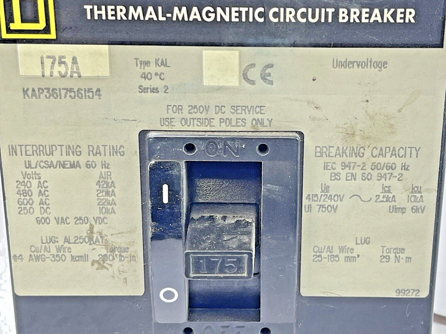 SQUARE D - KAP361756154 - MAGNETIC CIRCUIT BREAKER - 175 AMP, 3 POLE, 600 VAC