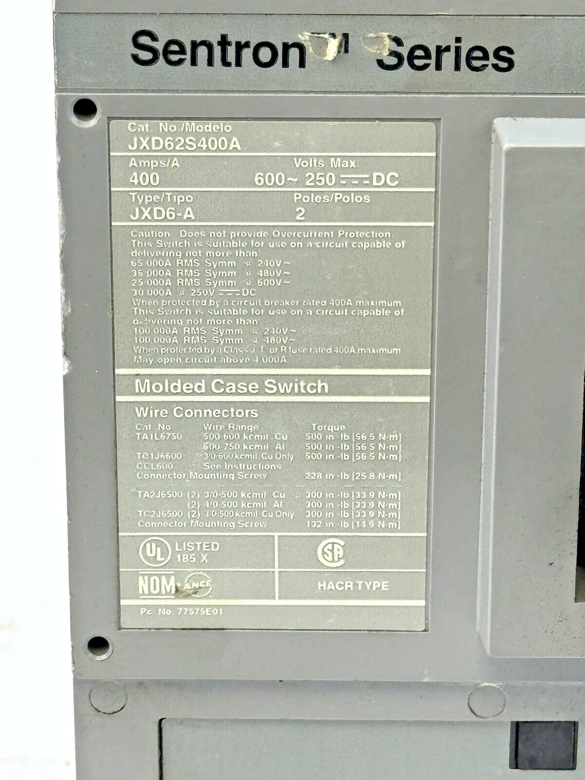 SIEMENS - JXD62S400A - SWITCH W/ A01JLDLV LOW VOLT AUX SWITCH 2 POLE/400A/600VAC