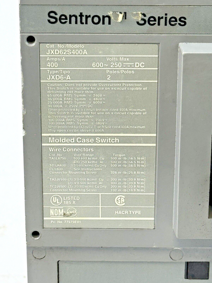 SIEMENS - JXD62S400A - SWITCH W/ A01JLDLV LOW VOLT AUX SWITCH 2 POLE/400A/600VAC