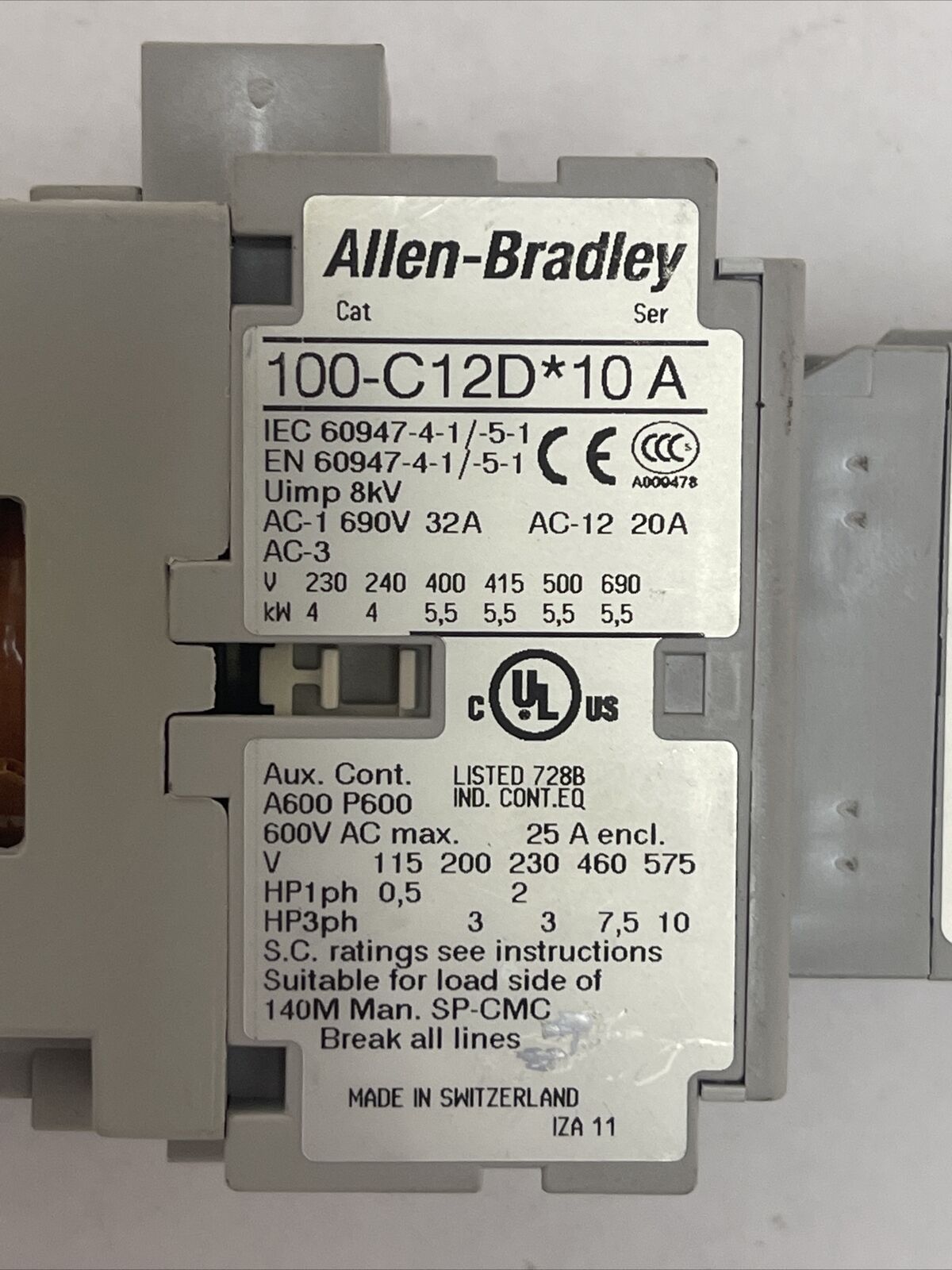 ALLEN BRADLEY 100-C12D*10 CONTACTOR SER A 600VAC 25A 10HP COIL 24VDC 100-F SER B