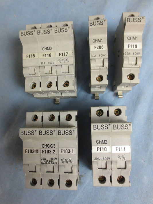 MIXED LOT BUSS FUSE HOLDERS - CHM1 (2), CHM2, CHM3, CHCC3, W/ FUSES 30A 600V