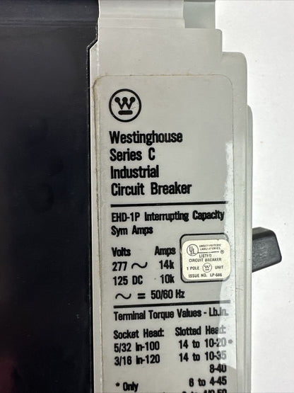 WESTINGHOUSE EHD1015 SER C IDUSTRIAL CIRCUIT BREAKER 15AMP 1POLE 277VAC 125VDC