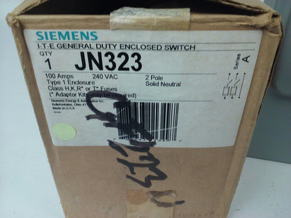 SIEMENS JN323 SERIES A FUSIBLE SAFETY SWITCH 2P, 100A, 240V, 15HP, TYPE 1 INDOOR