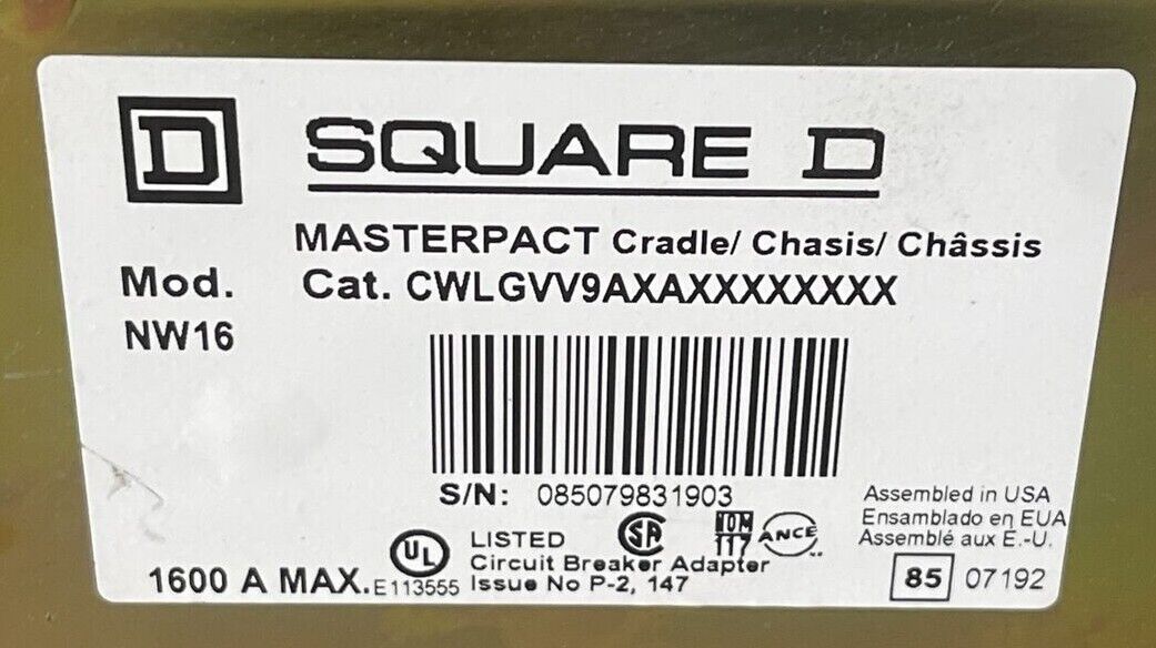 SQUARE D CWLGVV9AXAXXXXXXXX MASTERPACT CRADLE / CHASIS 1600A MOD NW16