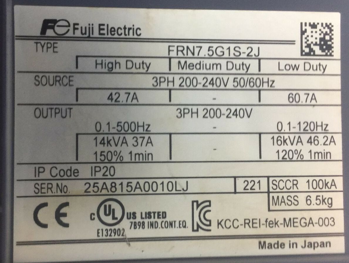 FUJI FRN7.5G1S-2J FRENIC MEGA DRIVE OUTPUT 3PH 200-240V 0.1-120HZ 16kVA 46.2A