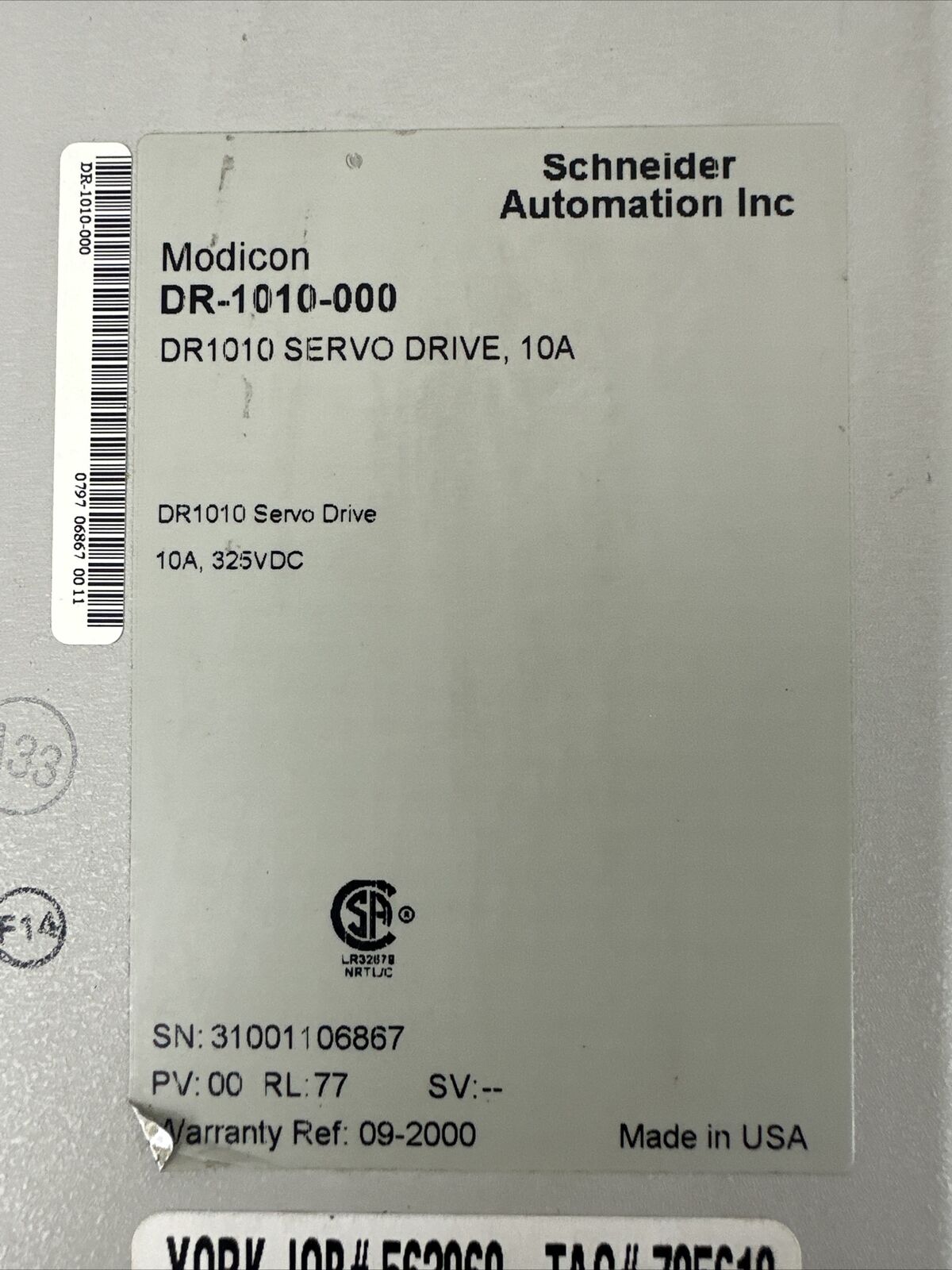 MODICON DR-1010-000 DR1010 SERVO DRIVE 10A 325VDC CYBERLINE 1000A SERVO DRIVE