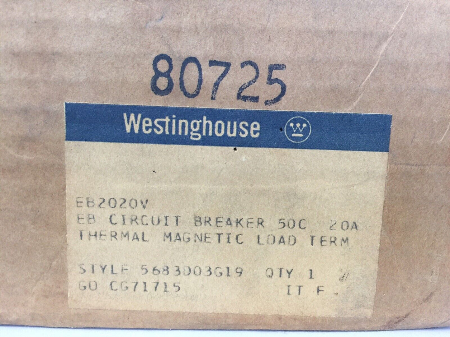 WESTINGHOUSE EB2020V CIRCUIT BREAKER 20AMP 2POLE 240VAC 125/250VDC 5683D03G19