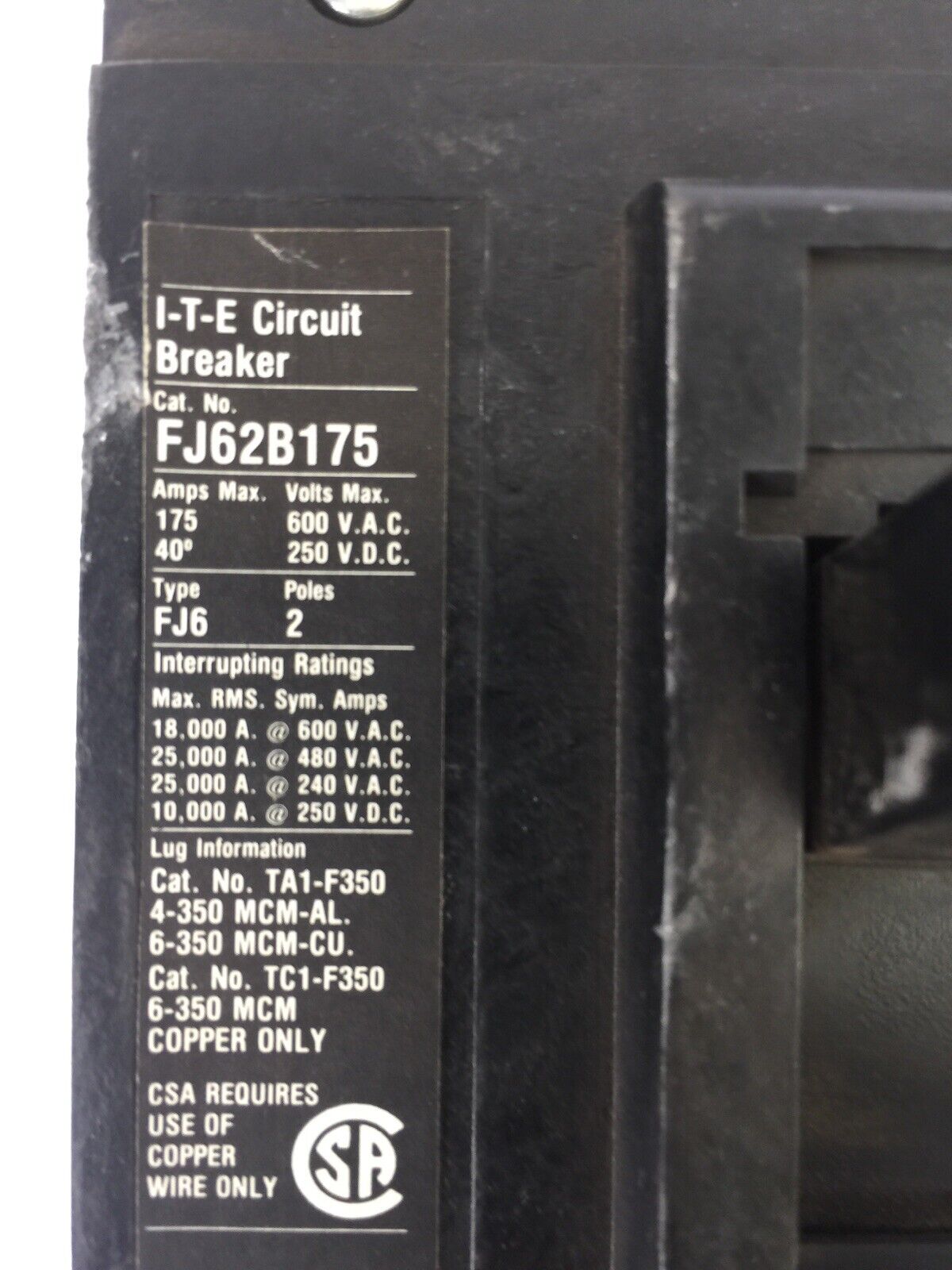 ITE SIEMENS FJ62B175 CIRCUIT BREAKER 600VAC 250VDC 175AMP 2POLE