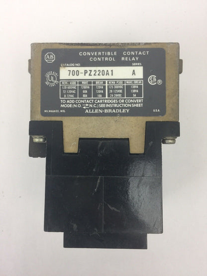 ALLEN BRADLEY 700-PZ220A1 CONTROL RELAY SERIES A 115-120V 60HZ 110V 50HZ