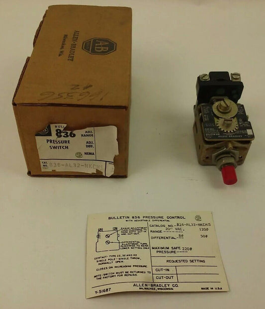 ALLEN BRADLEY 836-AL32-NKCHS, SERIES A, PRESSURE SWITCH, NEW