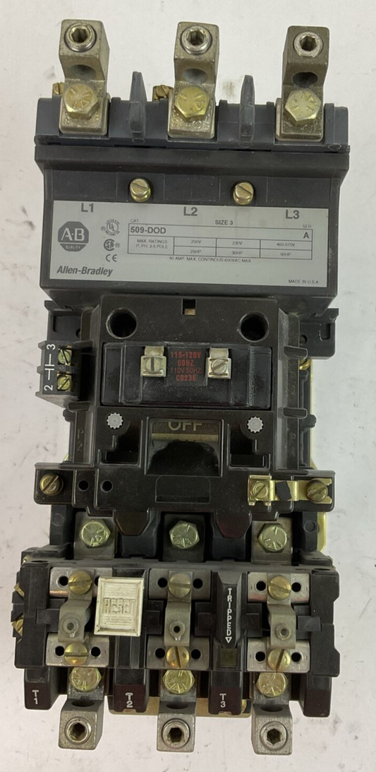 ALLEN BRADLEY 509-DOD SIZE 3 STARTER 600VAC 90A 50HP COIL 115-120V W/W65 HEATERS