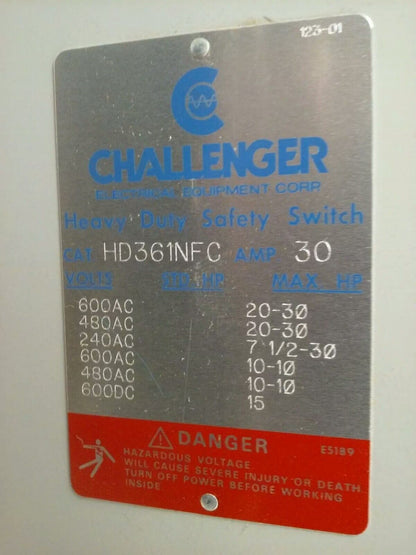CHALLENGER HD361NFC MODEL 0 SAFETY SWITCH 3P 30A 600VAC 20HP NON-FUSIBLE NEMA 1