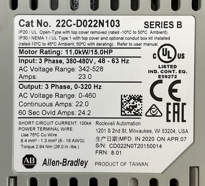 ALLEN BRADLEY 22C-D022N103 AC DRIVE SER B FRN 8.01 OUTPUT 0-460VAC