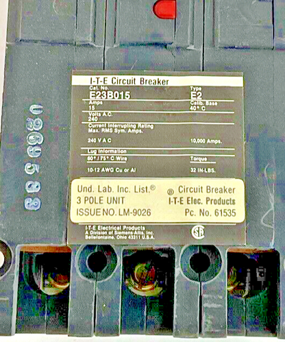 ITE E23B015 CIRCUIT BREAKER 15A 3POLE 240VAC TYPE E2