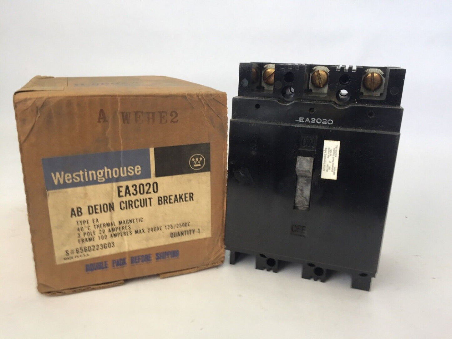 WESTINGHOUSE EA3020 AB DE-ION CIRCUIT BREAKER 20AMP 3POLE 240VAC 125/250VDC