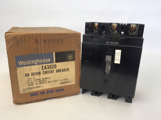 WESTINGHOUSE EA3020 AB DE-ION CIRCUIT BREAKER 20AMP 3POLE 240VAC 125/250VDC