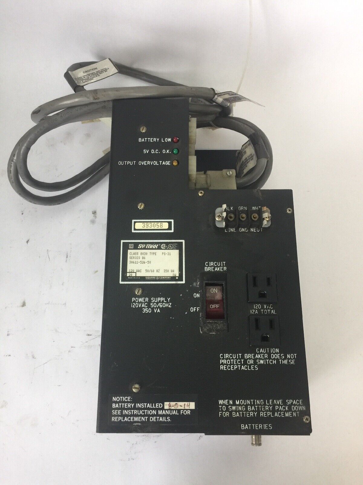 SQUARE D SY/MAX 8030 PS-31 SER B6 30611-526-50 120VAC 50/60HZ 350VA POWER SUPPLY