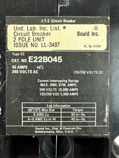 GOULD ITE E22B045 MOLDED CASE CIRCUIT BREAKER 45A 2P 240VAC 125/250VDC